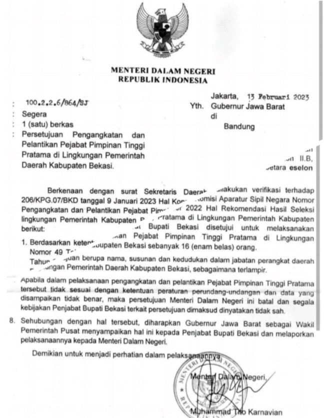 
 Pj Bupati Bekasi,Disinyalir Melawan Perintah Pelantikan Pejabat Tinggi Pratama